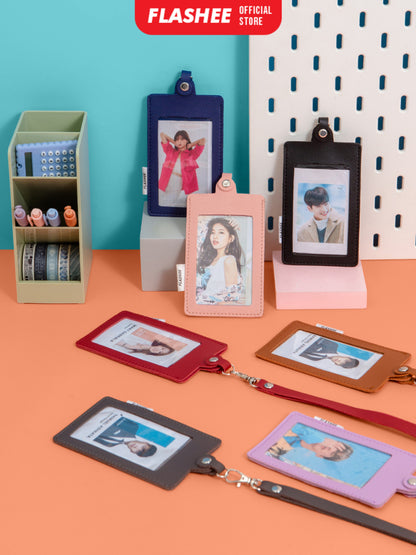 Flashee Name Tag Kulit ID Card Holder Kancing Dean Lanyard Mika Satu Sisi NameTag Kulit Kancing