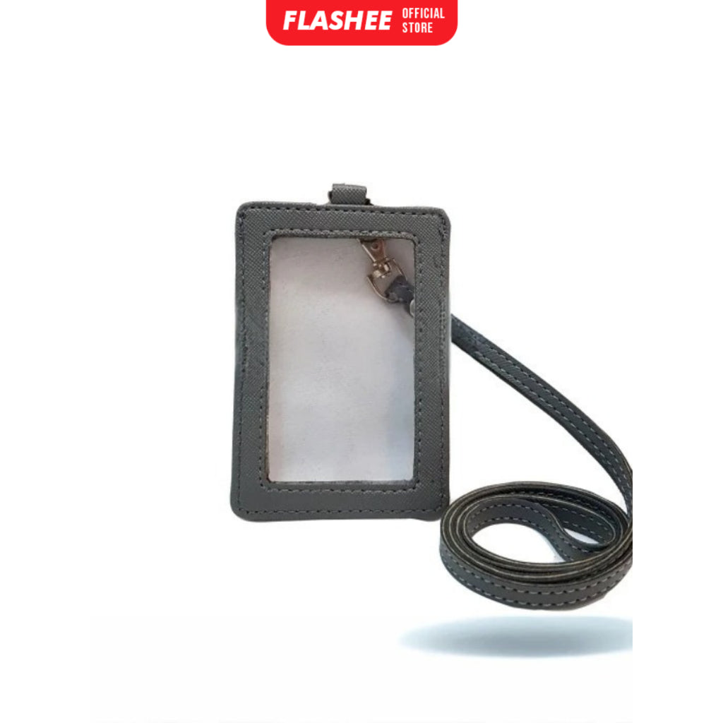 Flashee ID Card Holder Plastik Name Tag Mika Leyna Lanyard Kulit Dua Sisi Transparan PU Leather