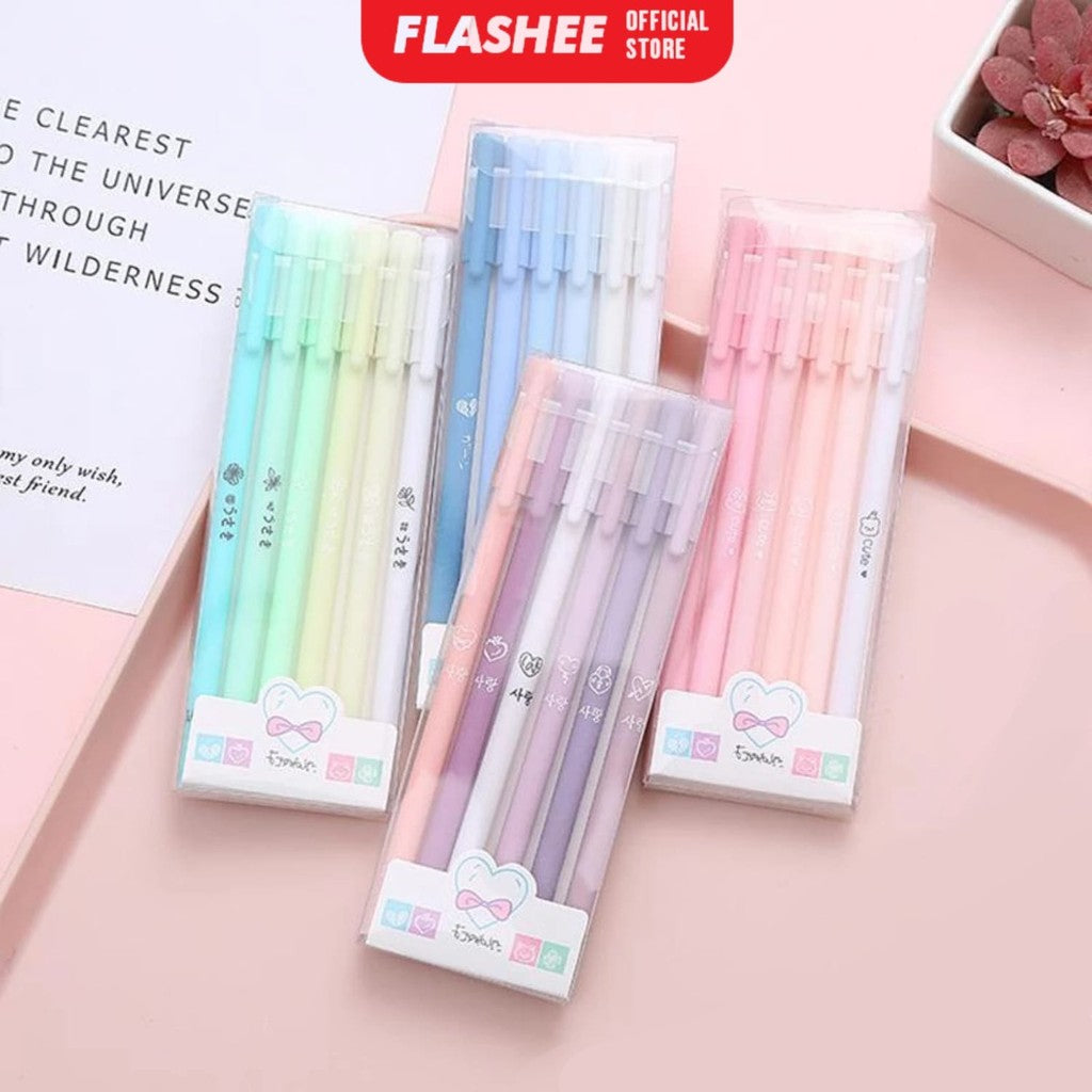 Flashee 6 Set Pena Gel Tinta Hitam Bolpoin 6Pcs Pulpen Pena Gel Pena Gel Set Morandi Color