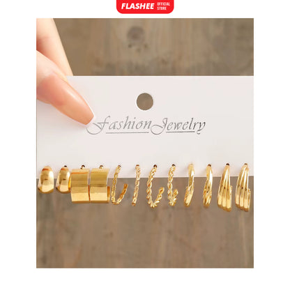 Flashee 6 Set Anting Hoop Kotak Emas Perak Anting Mutiara Hati Aksesoris Perhiasan Wanita