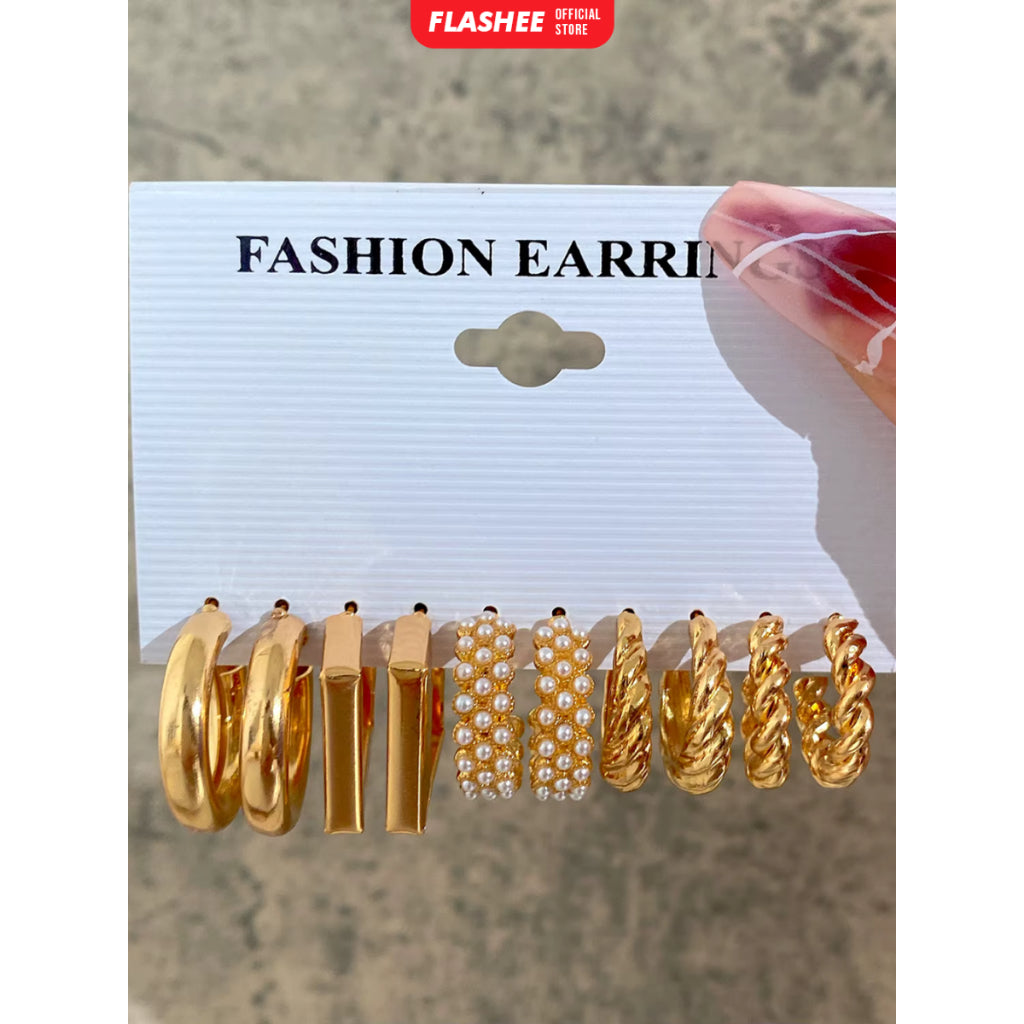Flashee 6 Set Anting Hoop Kotak Emas Perak Anting Mutiara Hati Aksesoris Perhiasan Wanita