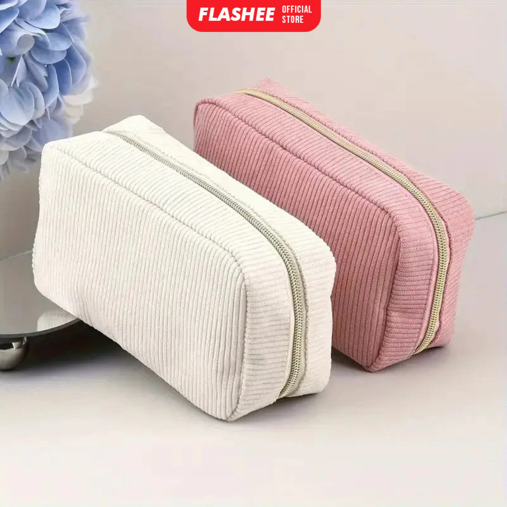 Flashee Kotak Pensil Corduroy Pencil Case Sleting Kapasitas Besar Cosmetic Case