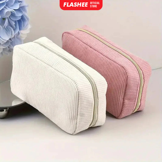 Flashee Kotak Pensil Corduroy Pencil Case Sleting Kapasitas Besar Cosmetic Case