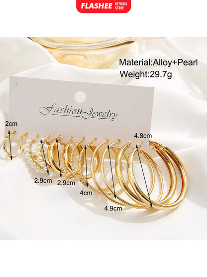 Flashee 6 Set Anting Hoop Kotak Emas Perak Anting Mutiara Hati Aksesoris Perhiasan Wanita
