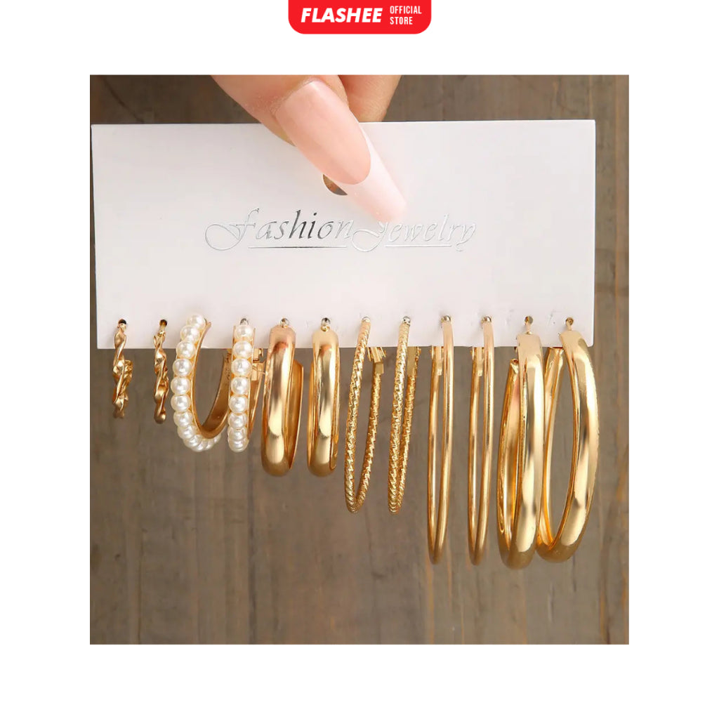 Flashee 6 Set Anting Hoop Kotak Emas Perak Anting Mutiara Hati Aksesoris Perhiasan Wanita