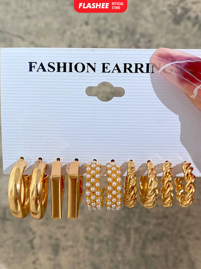 Flashee 6 Set Anting Hoop Kotak Emas Perak Anting Mutiara Hati Aksesoris Perhiasan Wanita