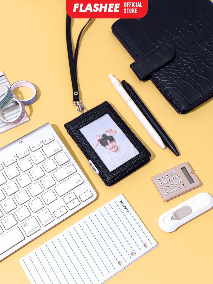 Flashee Lanyard ID Card Holder Harper Lanyard Name Tag Kulit Dua Sisi Bolak Balik Mika Kancing
