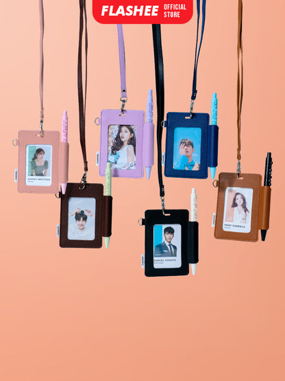 Flashee ID Card Lanyard Kulit Ada Tempat Pulpen Maxwell Name Tag Card Holder 3 Slot Bisa Custom Nama