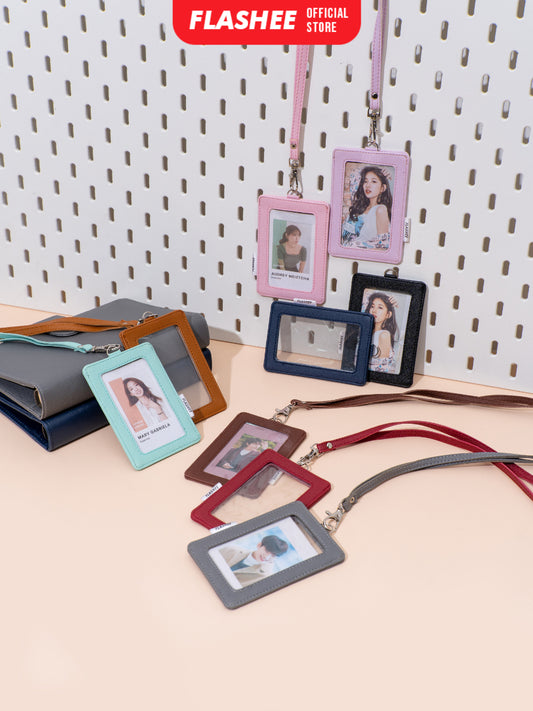 Flashee ID Card Holder Plastik Name Tag Mika Leyna Lanyard Kulit Dua Sisi Transparan PU Leather