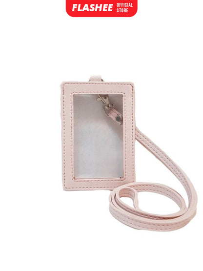 Flashee ID Card Holder Plastik Name Tag Mika Leyna Lanyard Kulit Dua Sisi Transparan PU Leather