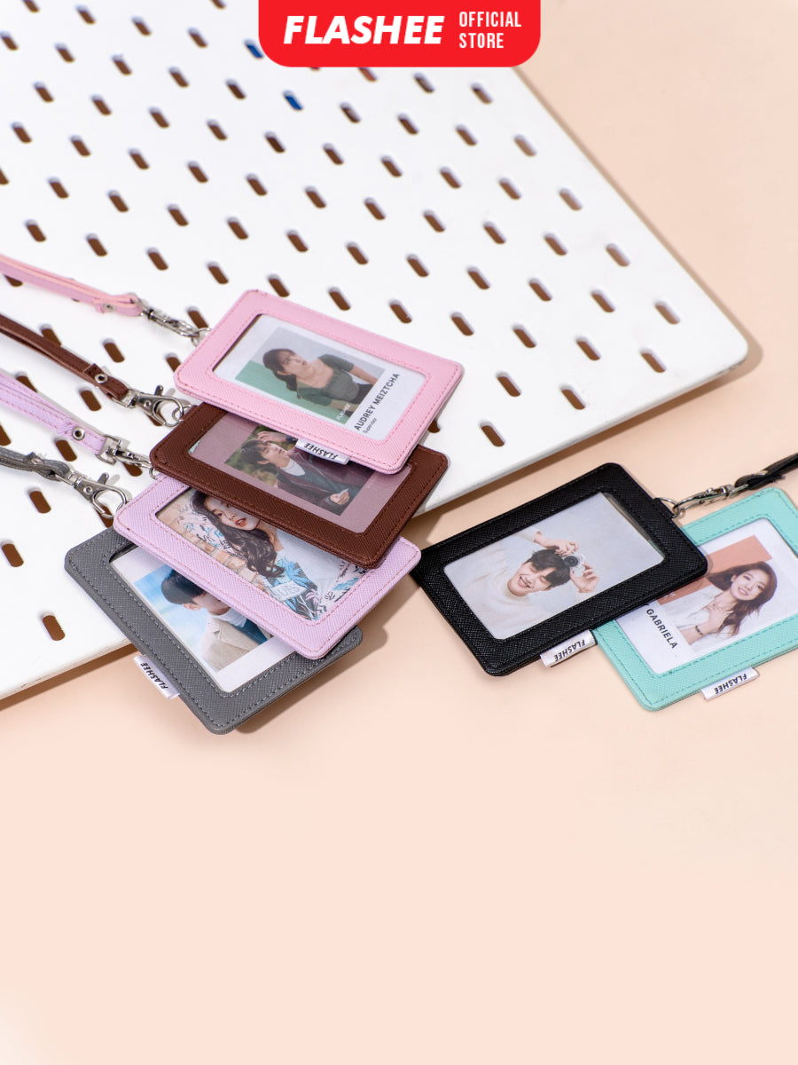 Flashee ID Card Holder Plastik Name Tag Mika Leyna Lanyard Kulit Dua Sisi Transparan PU Leather