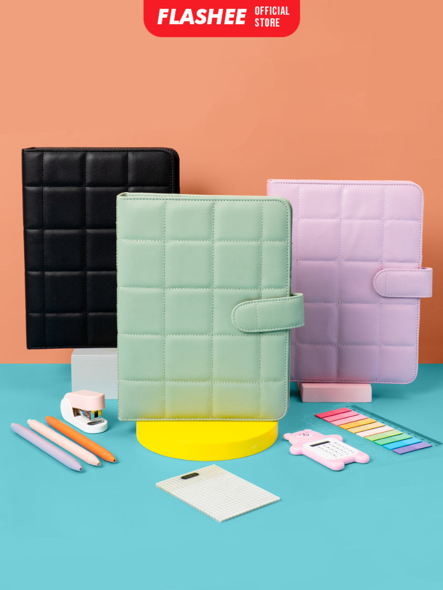 Flashee Binder Polos Eksklusif A5 Puffy 20 Ring Buku Agenda Kulit Sintetis PU Leather Binder Polos