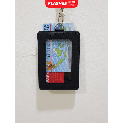 Flashee ID Card Holder Plastik Name Tag Mika Leyna Lanyard Kulit Dua Sisi Transparan PU Leather