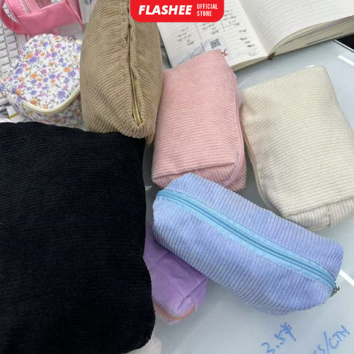Flashee Kotak Pensil Corduroy Pencil Case Sleting Kapasitas Besar Cosmetic Case