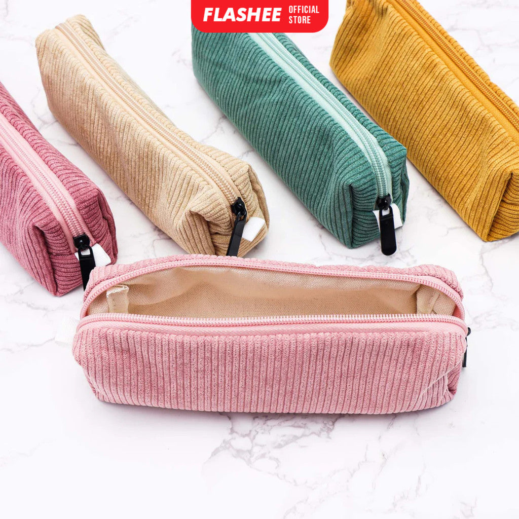 Flashee Tempat Pensil Anak Kotak Pensil Sleting Corduroy Pouch Makeup Aesthetic