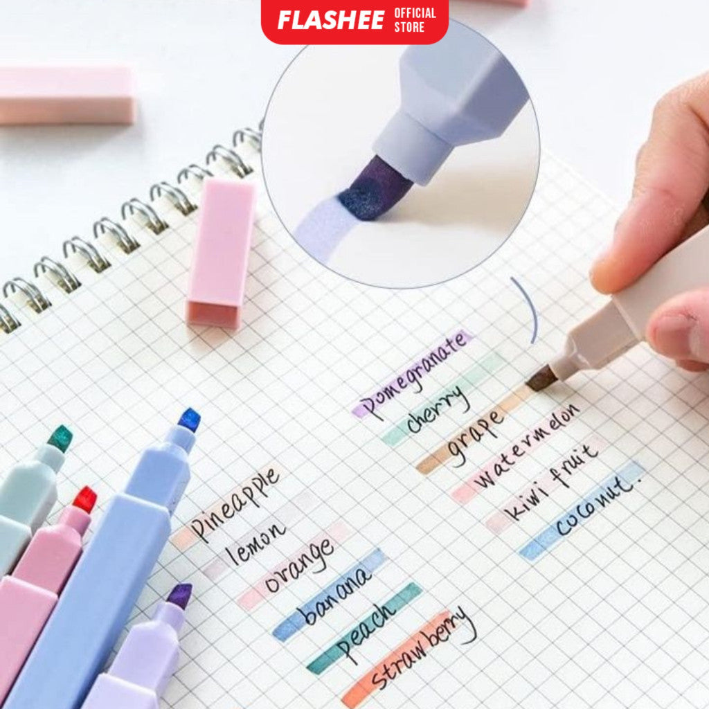 Flashee Highlighter Spidol 6 PCS Highlighter 2 In 1 Double Brush Spidol Warna Pastel
