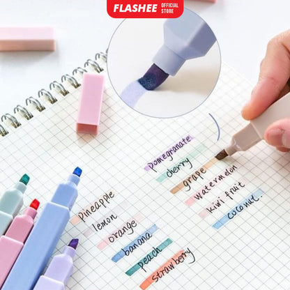 Flashee Highlighter Spidol 6 PCS Highlighter 2 In 1 Double Brush Spidol Warna Pastel