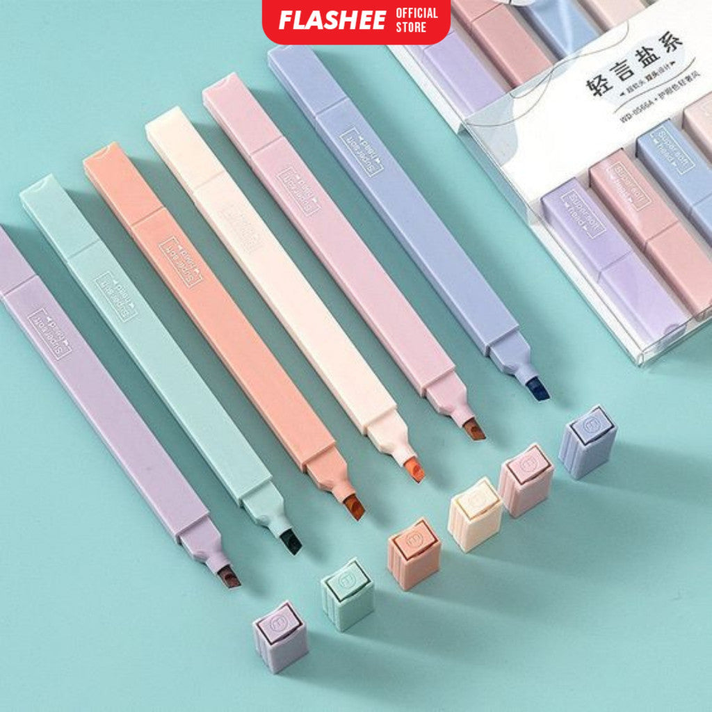 Flashee Highlighter Spidol 6 PCS Highlighter 2 In 1 Double Brush Spidol Warna Pastel