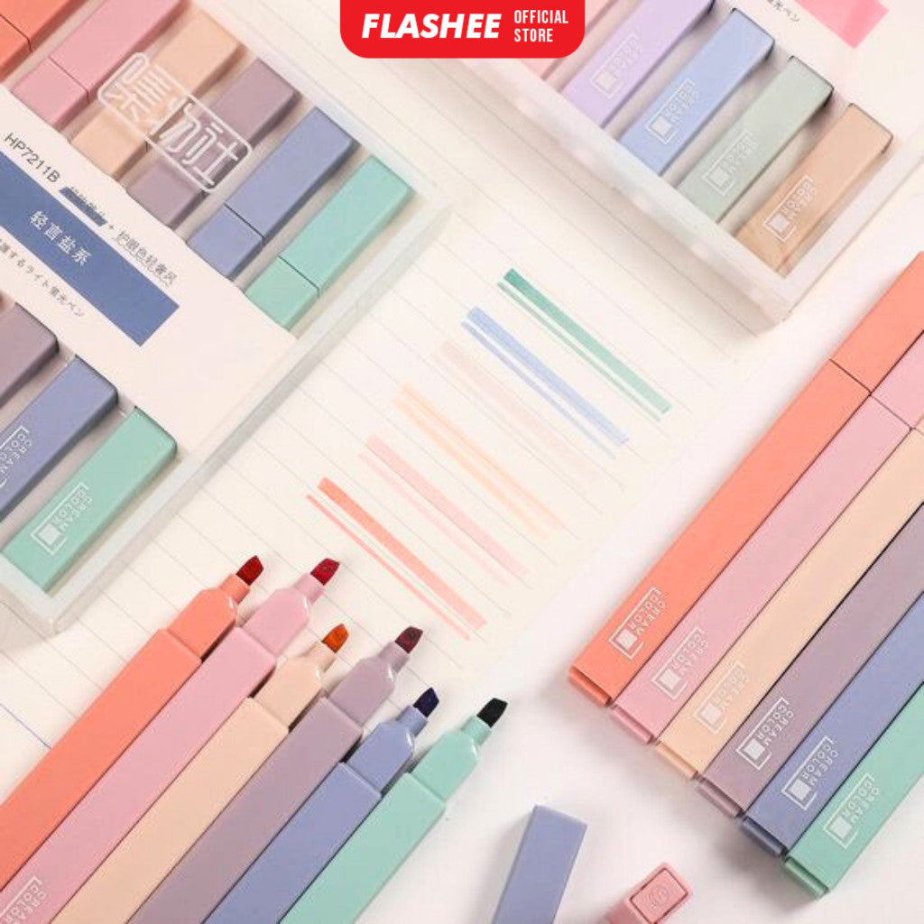 Flashee Highlighter Spidol 6 PCS Highlighter 2 In 1 Double Brush Spidol Warna Pastel