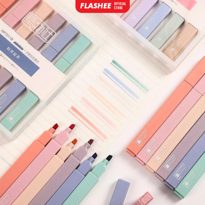 Flashee Highlighter Spidol 6 PCS Highlighter 2 In 1 Double Brush Spidol Warna Pastel