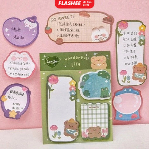 Flashee Sticky Notes Lucu 3 IN 1 Tempelan Kertas Catatan 60 Lembar Pembatas Buku Motif Lucu