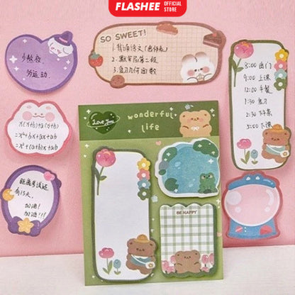 Flashee Sticky Notes Lucu 3 IN 1 Tempelan Kertas Catatan 60 Lembar Pembatas Buku Motif Lucu