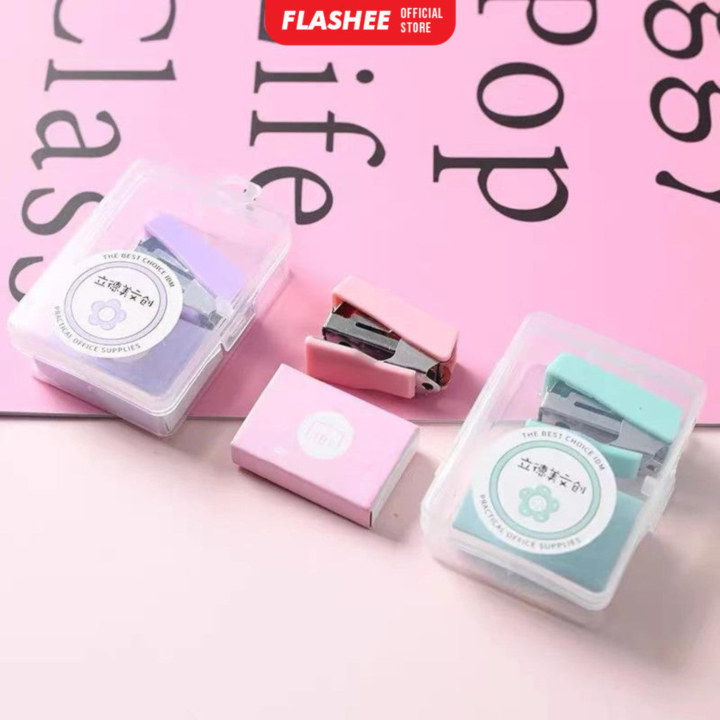 Flashee Stapler Mini Set Macaron Color Staples Kecil Portabel Free Isi Perlengkapan Kantor Mini Staples