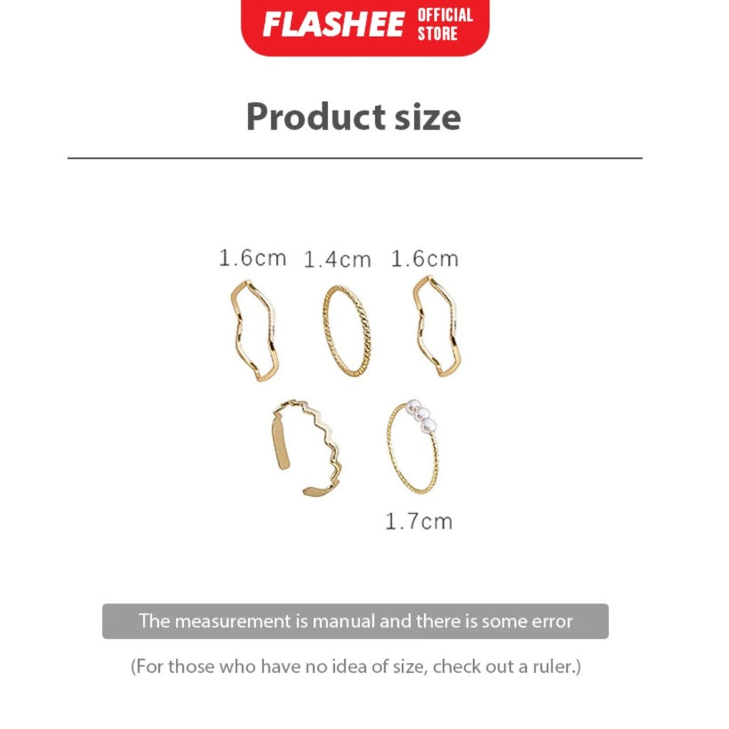 Flashee Set 5 pcs Cincin Titanium Wanita Fashion Cincin Berlian Gelombang Spiral Anti Karat