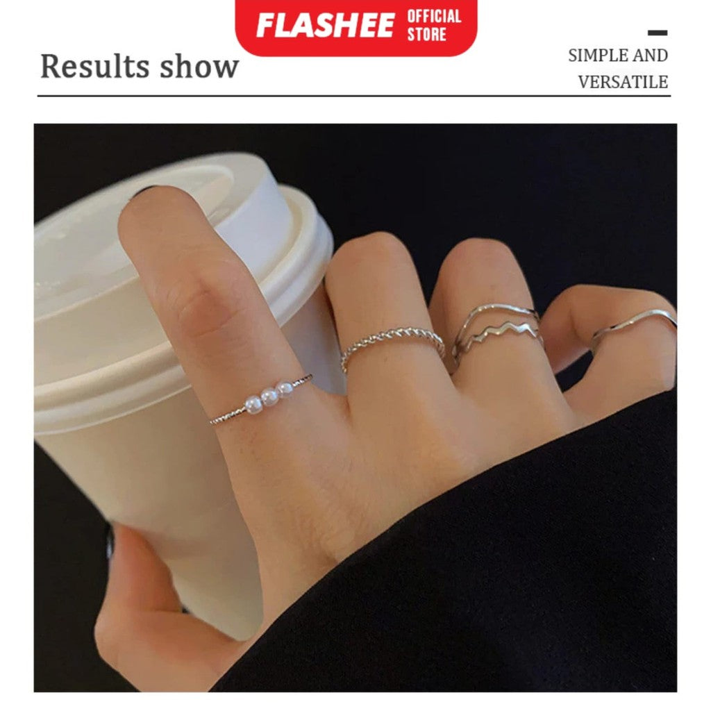 Flashee Set 5 pcs Cincin Titanium Wanita Fashion Cincin Berlian Gelombang Spiral Anti Karat