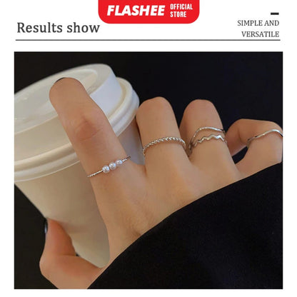 Flashee Set 5 pcs Cincin Titanium Wanita Fashion Cincin Berlian Gelombang Spiral Anti Karat