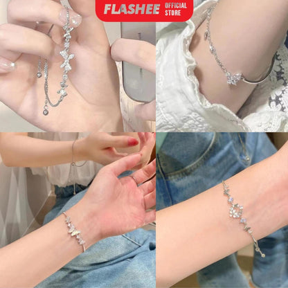 Flashee Gelang Serut Titaniun Perak Zirkon Gelang Liontin Korea Fashion