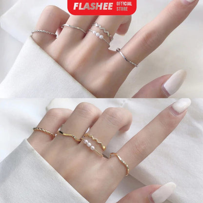 Flashee Set 5 pcs Cincin Titanium Wanita Fashion Cincin Berlian Gelombang Spiral Anti Karat