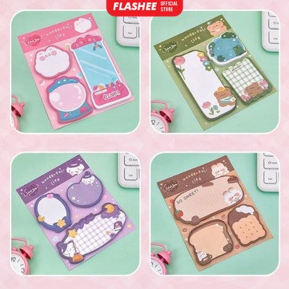 Flashee Sticky Notes Lucu 3 IN 1 Tempelan Kertas Catatan 60 Lembar Pembatas Buku Motif Lucu