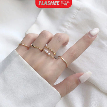 Flashee Set 5 pcs Cincin Titanium Wanita Fashion Cincin Berlian Gelombang Spiral Anti Karat