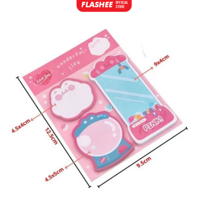 Flashee Sticky Notes Lucu 3 IN 1 Tempelan Kertas Catatan 60 Lembar Pembatas Buku Motif Lucu
