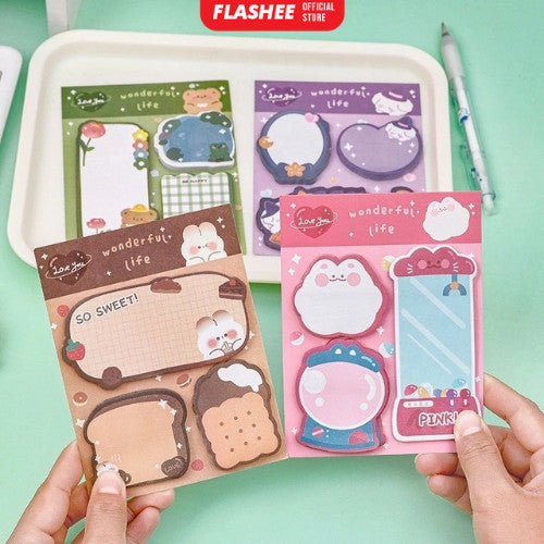 Flashee Sticky Notes Lucu 3 IN 1 Tempelan Kertas Catatan 60 Lembar Pembatas Buku Motif Lucu