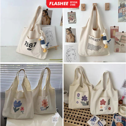 Flashee Big Totebag Kanvas Korean Style Tote Bag Wanita Lucu Tas Kekinian