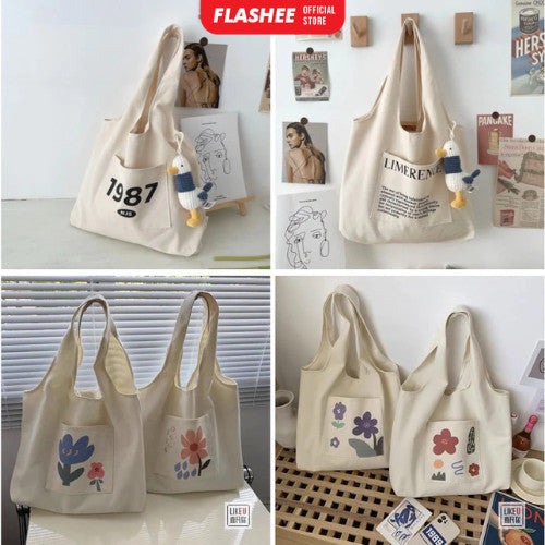 Flashee Big Totebag Kanvas Korean Style Tote Bag Wanita Lucu Tas Kekinian