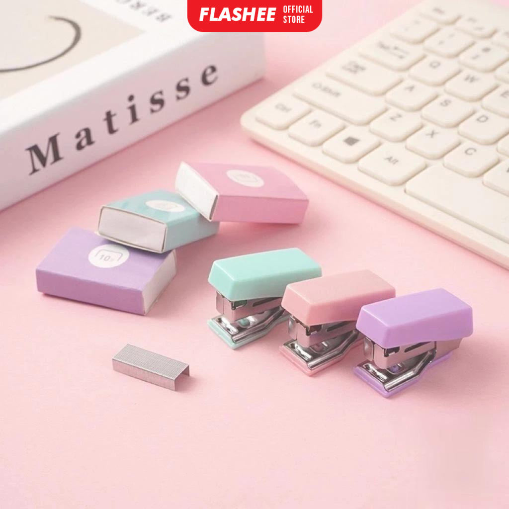 Flashee Stapler Mini Set Macaron Color Staples Kecil Portabel Free Isi Perlengkapan Kantor Mini Staples