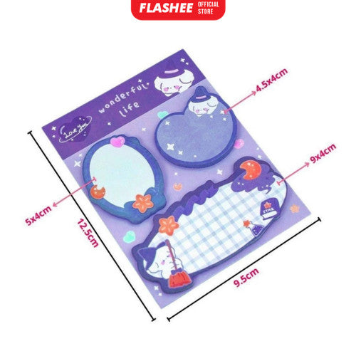 Flashee Sticky Notes Lucu 3 IN 1 Tempelan Kertas Catatan 60 Lembar Pembatas Buku Motif Lucu