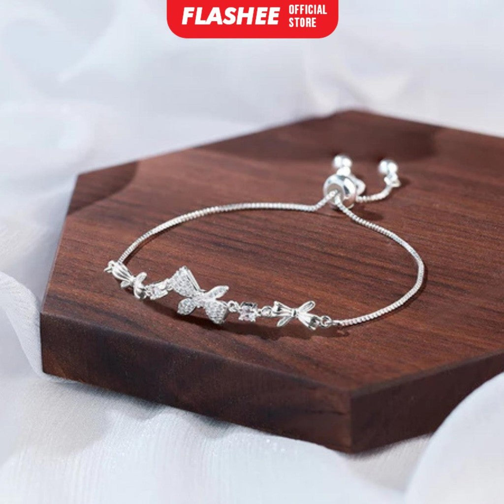Flashee Gelang Serut Titaniun Perak Zirkon Gelang Liontin Korea Fashion
