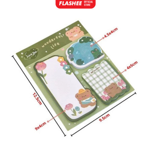 Flashee Sticky Notes Lucu 3 IN 1 Tempelan Kertas Catatan 60 Lembar Pembatas Buku Motif Lucu
