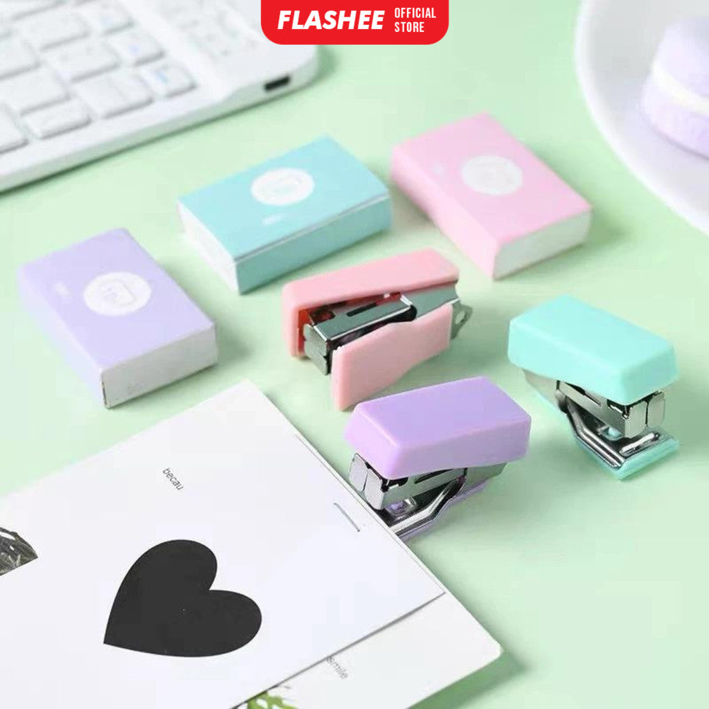 Flashee Stapler Mini Set Macaron Color Staples Kecil Portabel Free Isi Perlengkapan Kantor Mini Staples