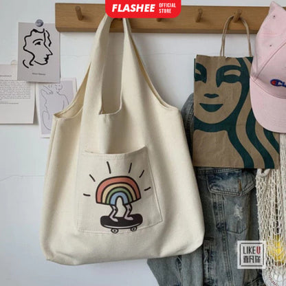 Flashee Big Totebag Kanvas Korean Style Tote Bag Wanita Lucu Tas Kekinian