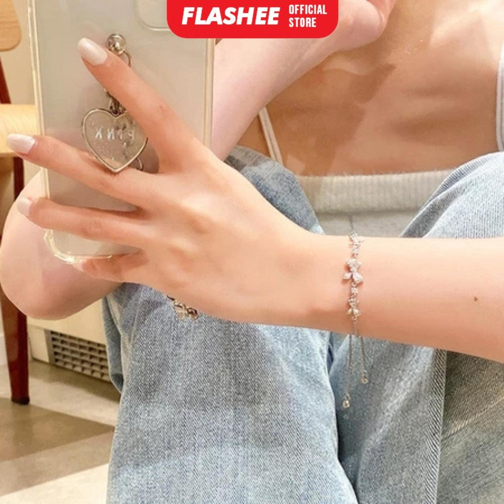 Flashee Gelang Serut Titaniun Perak Zirkon Gelang Liontin Korea Fashion