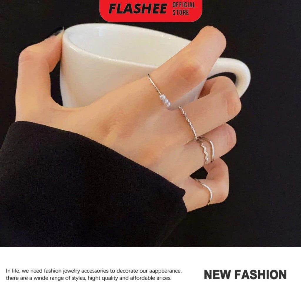 Flashee Set 5 pcs Cincin Titanium Wanita Fashion Cincin Berlian Gelombang Spiral Anti Karat