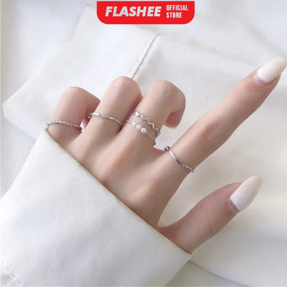 Flashee Set 5 pcs Cincin Titanium Wanita Fashion Cincin Berlian Gelombang Spiral Anti Karat