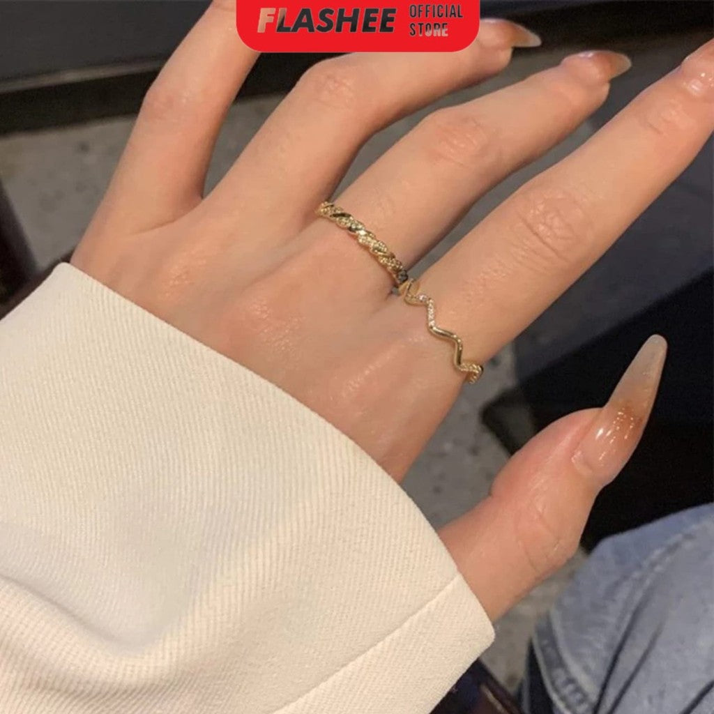 Flashee Set 5 pcs Cincin Titanium Wanita Fashion Cincin Berlian Gelombang Spiral Anti Karat
