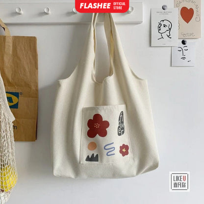 Flashee Big Totebag Kanvas Korean Style Tote Bag Wanita Lucu Tas Kekinian