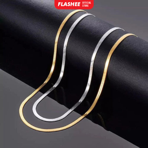 Flashee Kalung Titanium Pria Wanita Anti Karat Silver/Gold Pipih 60 Cm Model Plat